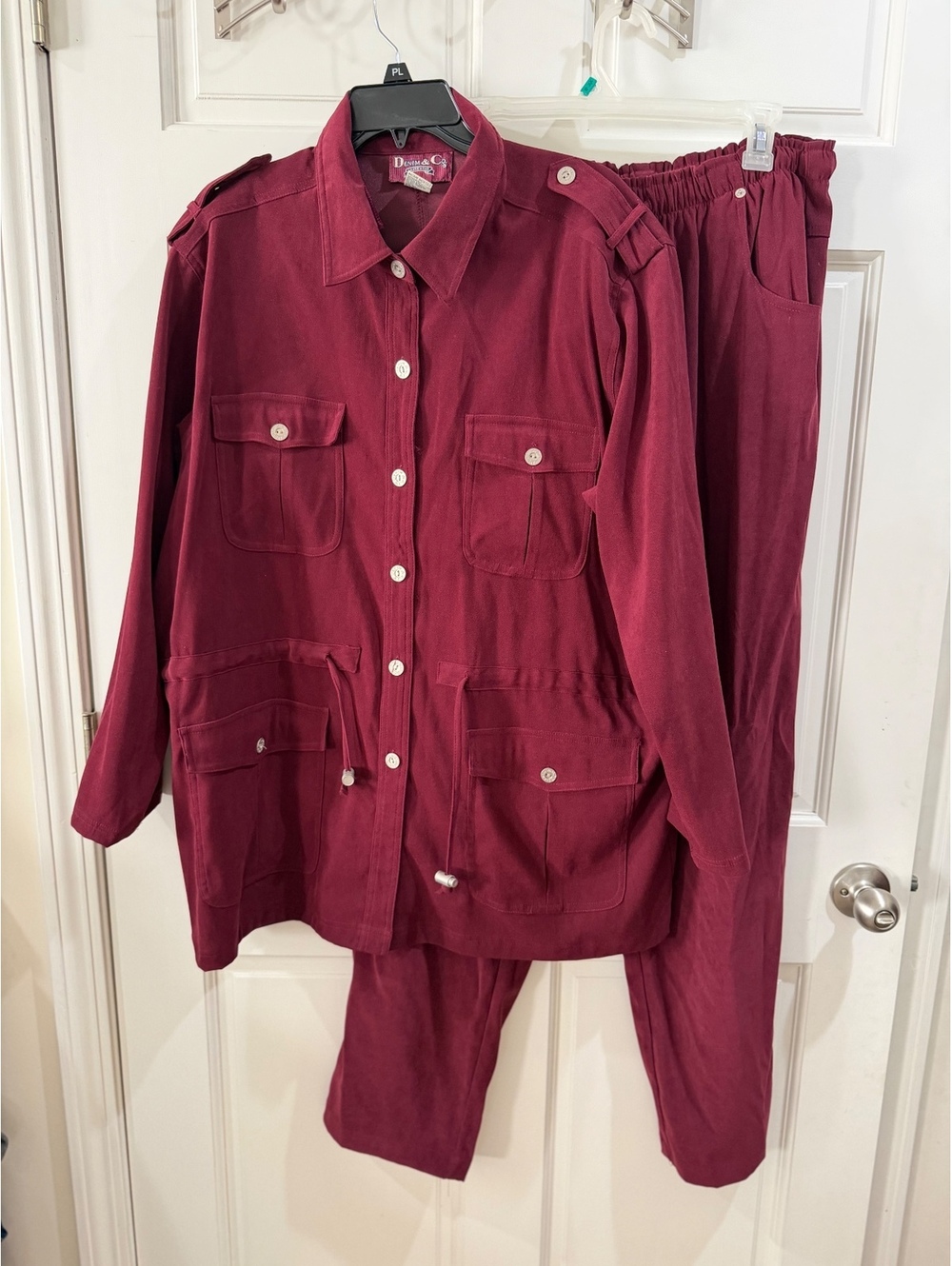 Denim & Co. Burgundy Two-Piece Set with Button-Up Jacket and Elastic Waist Pants